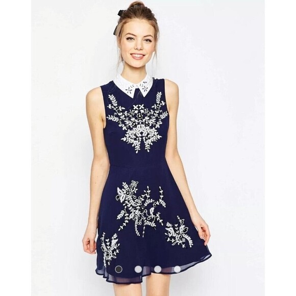 ASOS Skater Dress Embroidered Floral Beaded Sequin Mini With Collar Size 8 - Picture 1 of 12